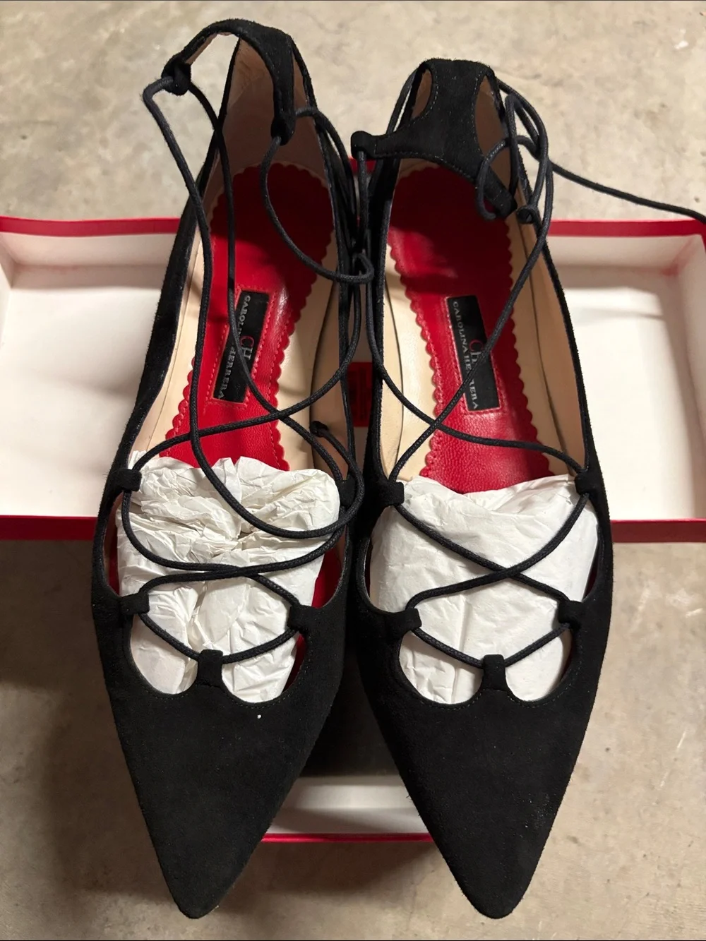 Carolina Herrera Black Suede Lace-Up Pointed Toe Flats with Red Insole